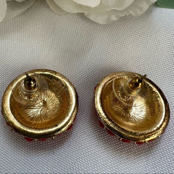 Vintage Pierced Gold Tone With Coral Rhinestones Pierced Y2k Earrings - Picture 8 of 8